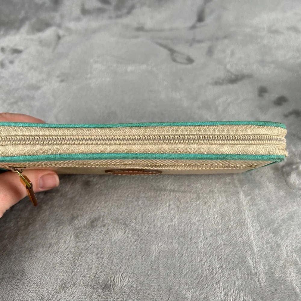 Fossil Zip‎ Around Woven Canvas Wallet Polka Dots Beige Tan With Turquoise Flaws